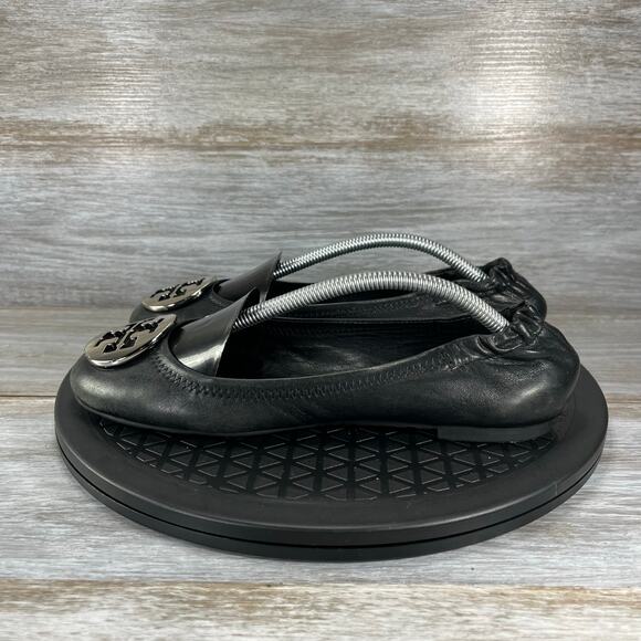 Tory Burch Women's Reva Black Leather Silver Charm Ballet Flats Size ? - Picture 1 of 13